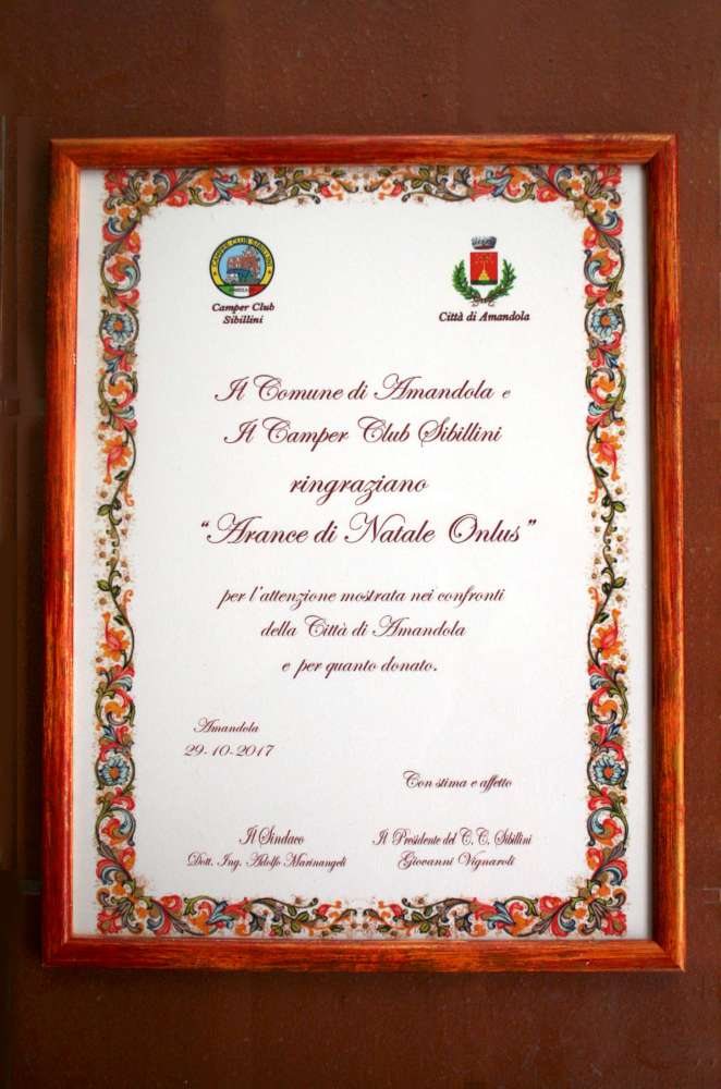 Pergamena di ringraziamento all'associazione